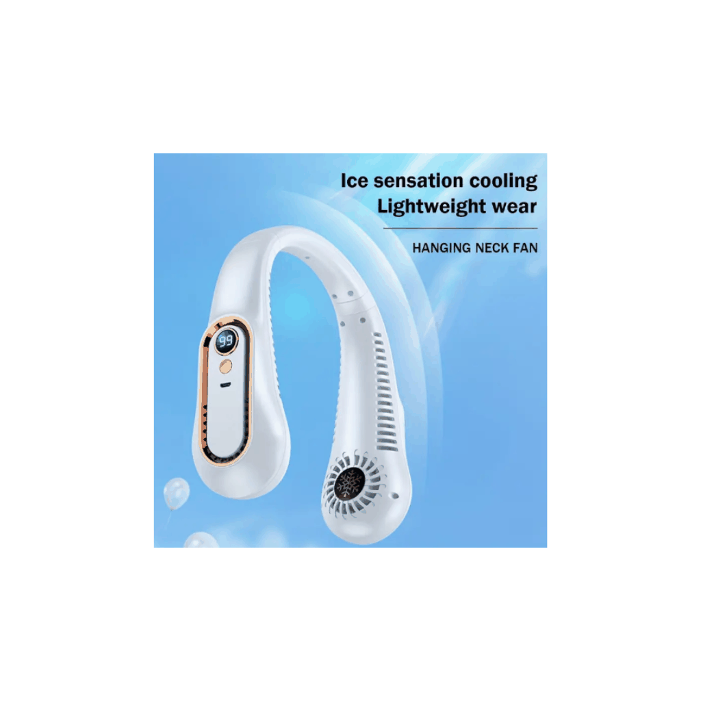 USB rechargeable neck fan with 5-speed adjustable settings and ice sensation cooling for lightweight, comfortable wear.