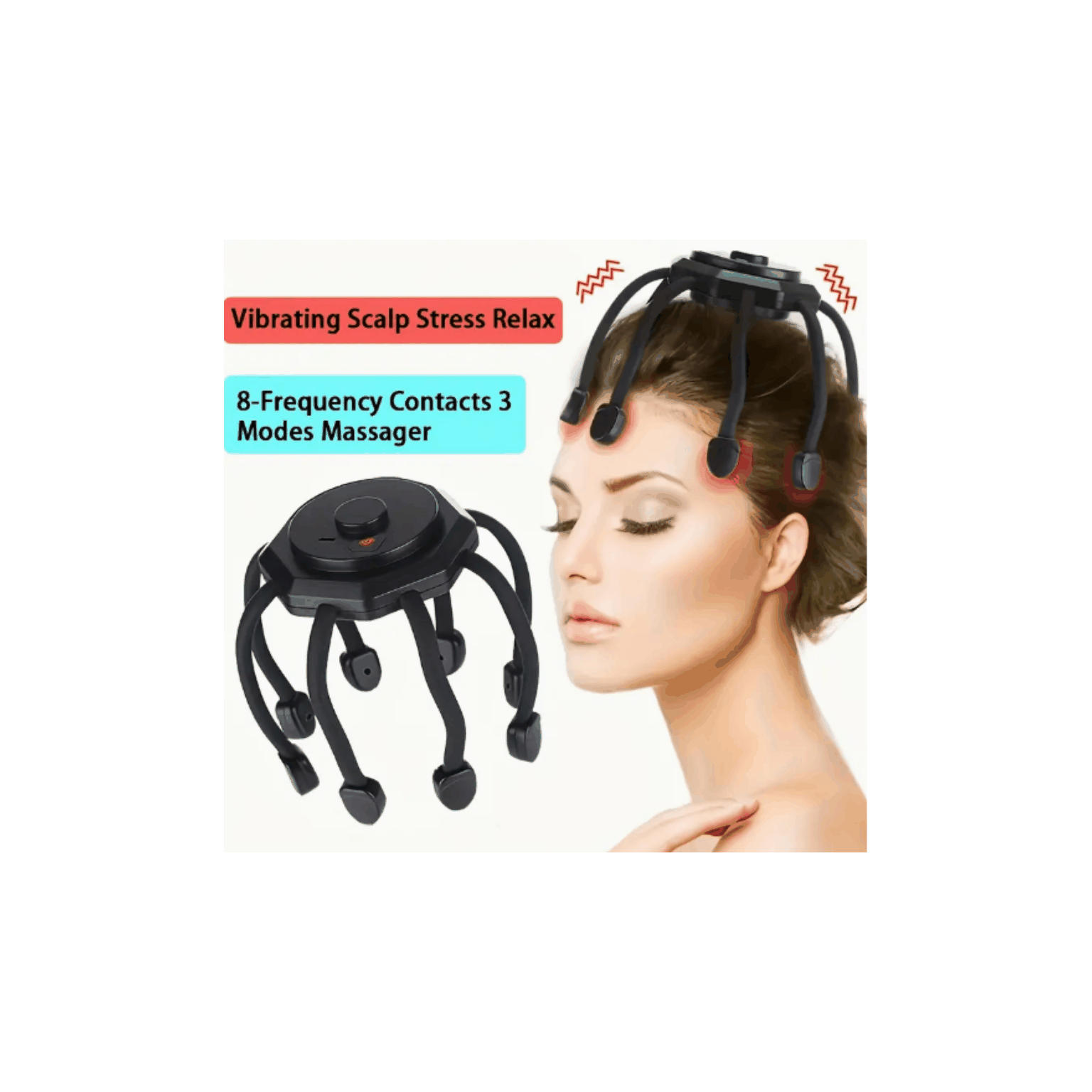 SerenitySphere FlexTouch cordless scalp massager with 3 modes and 8 simulated fingers for stress relief and relaxation