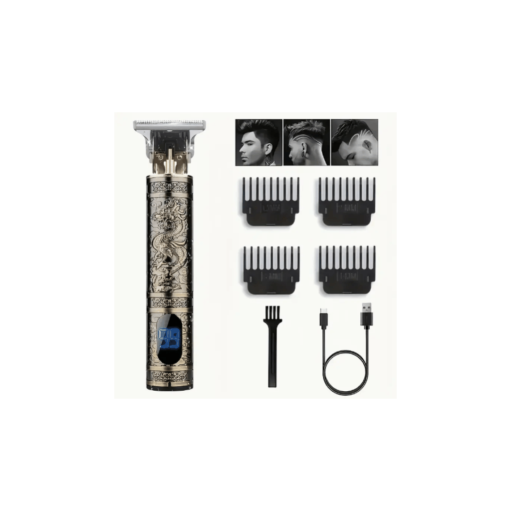 Cordless hair and beard trimmer with precision T-blade, LCD display, USB rechargeable, guide combs, cleaning brush, and charging cable grooming kit.