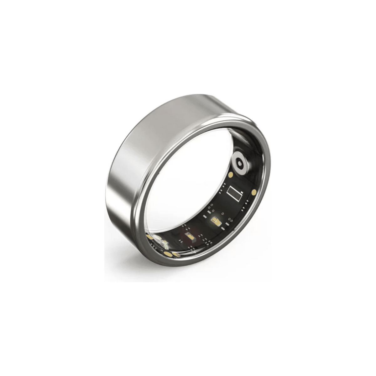 Silver smart ring with military-grade titanium steel shell and health monitoring sensors interior