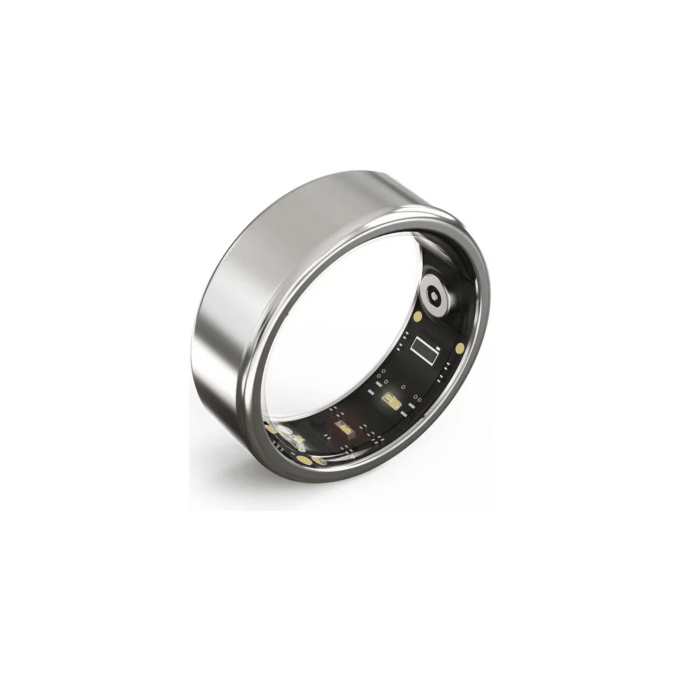 Silver smart ring with military-grade titanium steel shell and health monitoring sensors interior