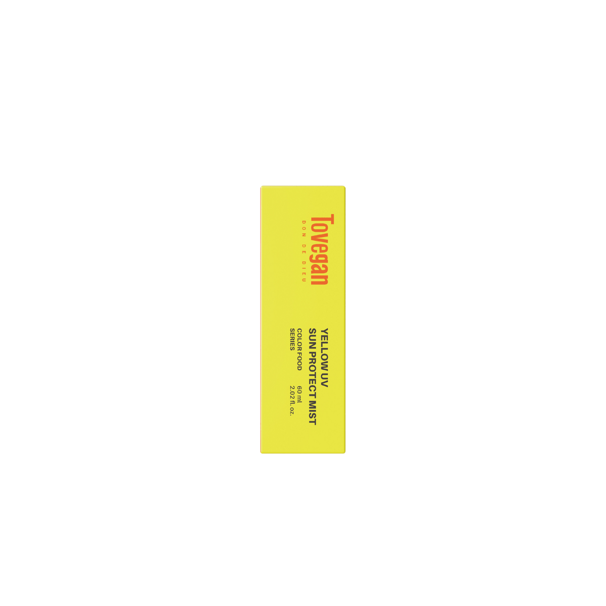 Yellow rectangular bottle of Tovegan Yellow UV Sunprotect Mist sunscreen with SPF50++ PA+++ protection.