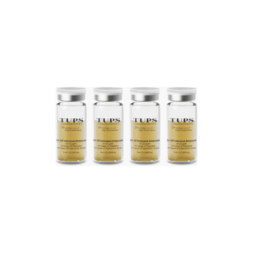TUPS MGF Hydrating Ampoule set of four 7ml vials for intensive skin moisturizing and revitalizing with peptides and hyaluronic acids