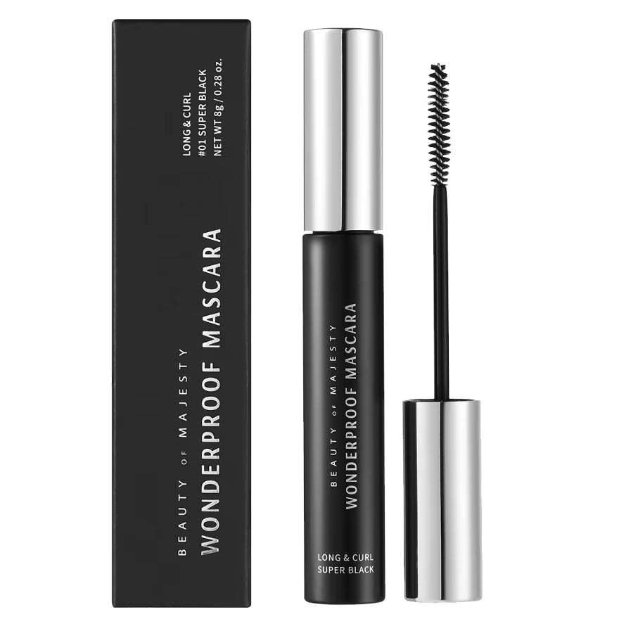 BOM Wonderproof Mascara Long & Curl #01 Super Black tube with brush showing extreme length and curl effect