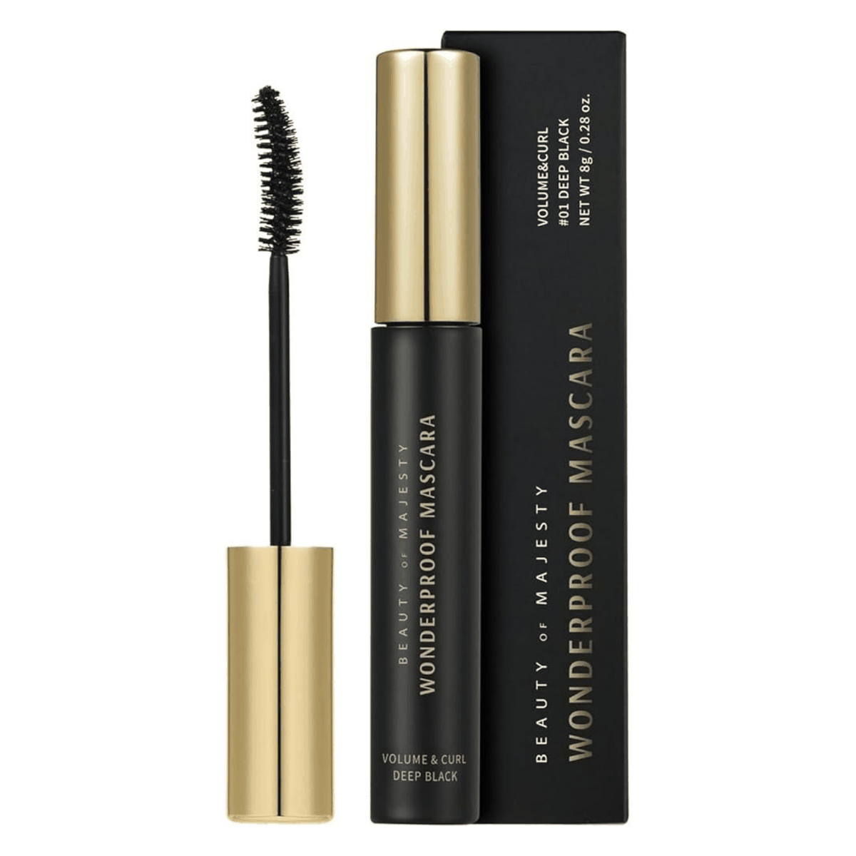 BOM Wonderproof Mascara Volume &amp; Curl #01 Deep Black for dramatic volumizing and curling lashes, waterproof and smudge-proof formula