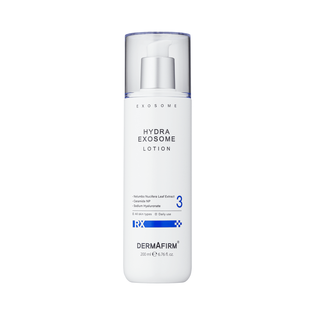 RX Hydra Exosome Lotion 200ml hydrating facial lotion with natural moisturizing agents and hyaluronic acid for deep skin hydration and repair