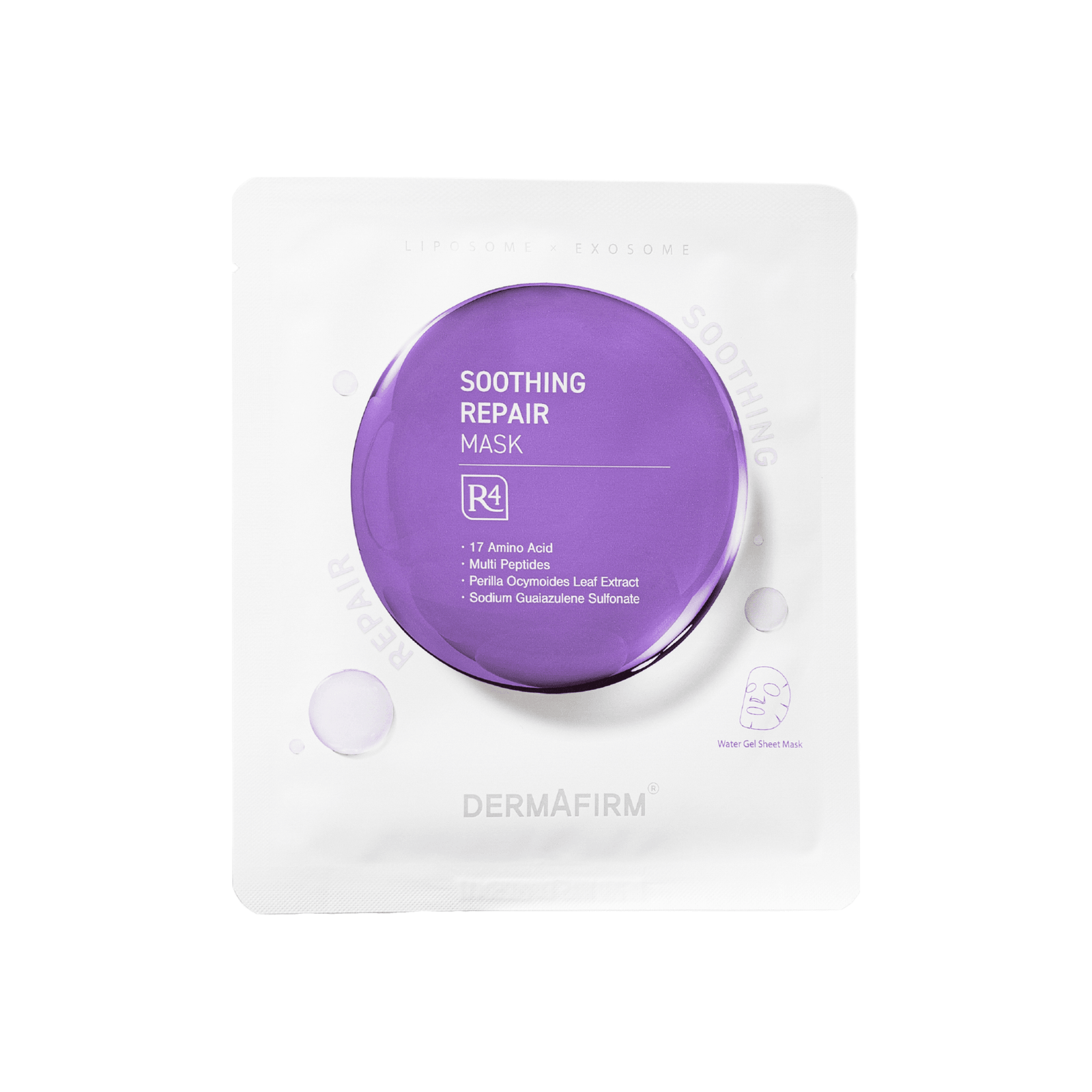 Soothing Repair Mask R4 by Dermafirm in purple packaging for skin hydration and repair with 17 amino acids and natural extracts