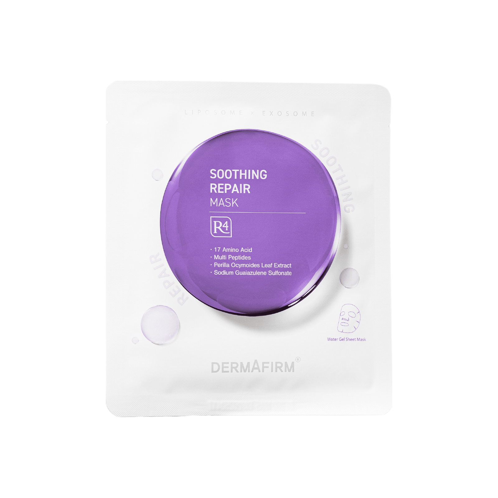 Soothing Repair Mask R4 by Dermafirm in purple packaging for skin hydration and repair with 17 amino acids and natural extracts