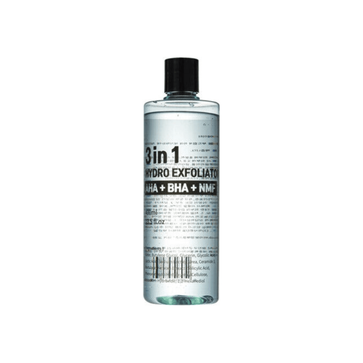 3 in 1 Hydro Exfoliator bottle with AHA, BHA, and NMF for gentle skin exfoliation and hydration, 400ml