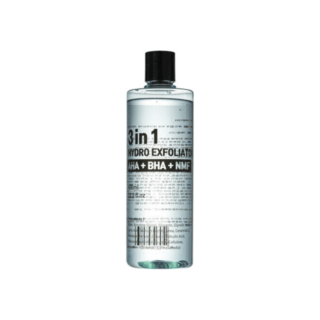 3 in 1 Hydro Exfoliator bottle with AHA, BHA, and NMF for gentle skin exfoliation and hydration, 400ml