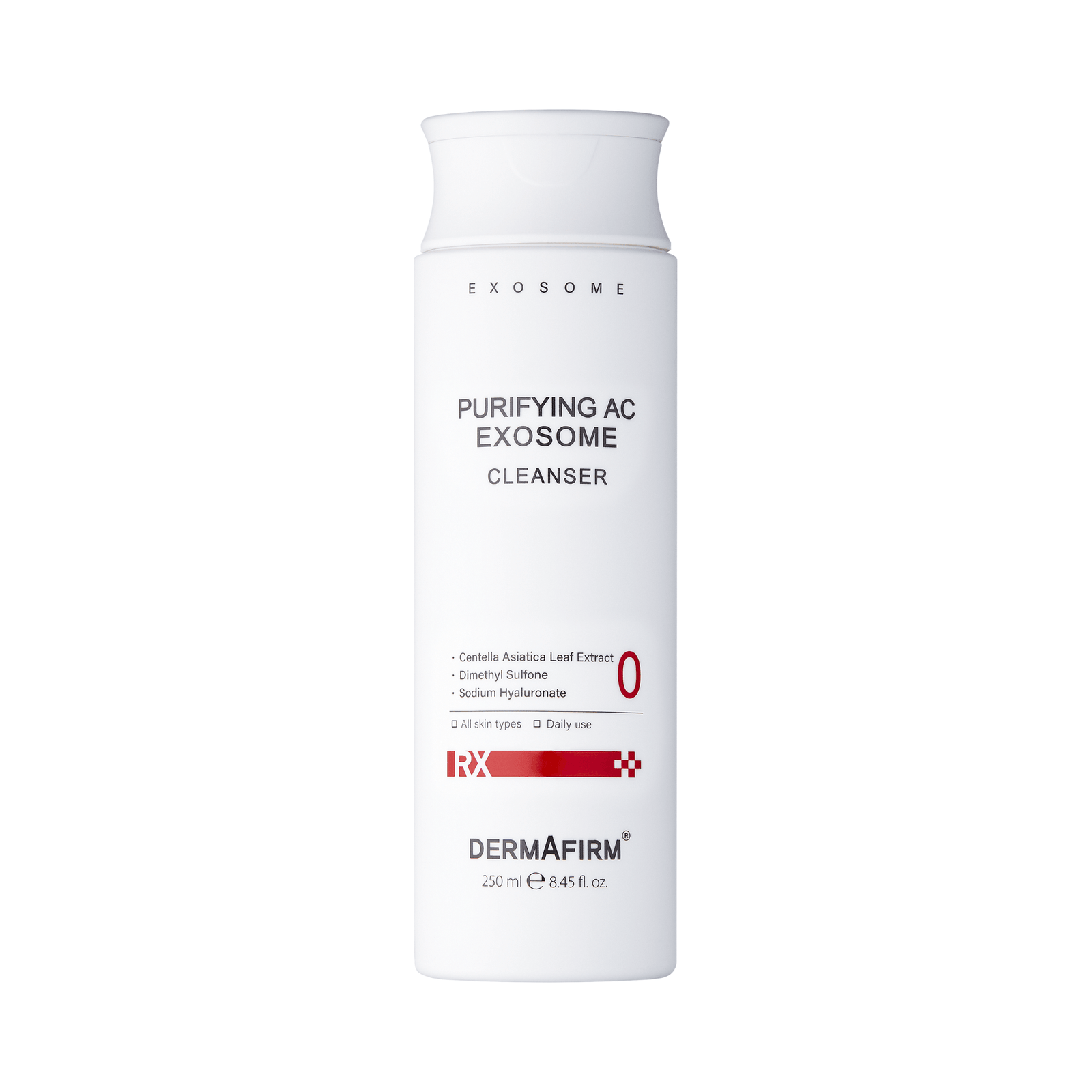 RX Purifying AC Exosome cleanser bottle for oily and acne-prone skin by Dermafirm, 250ml
