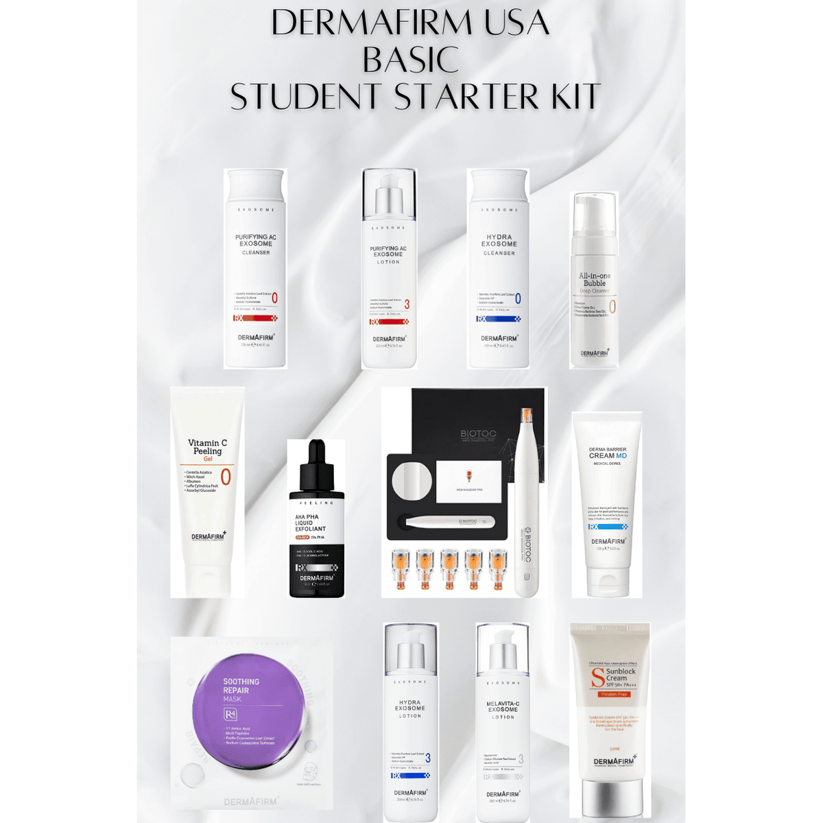 Esthetician Student Starter Kit with skincare products including cleansers, lotions, creams, Vitamin C peeling gel, exfoliant, nanopen, and repair masks