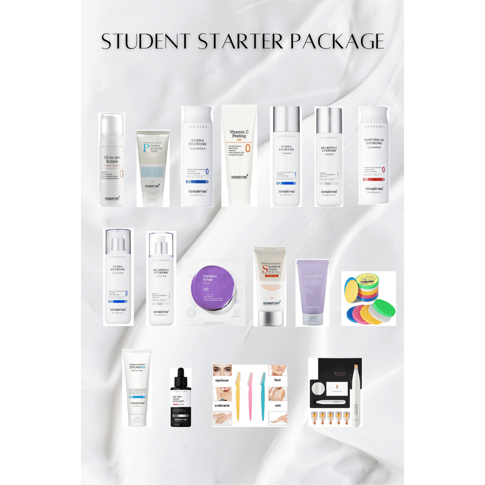 Student starter package beauty school kit with skincare and makeup tools on white background