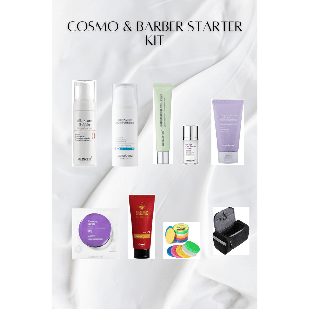 COSMO &amp; BARBER STARTER KIT skincare products for qualified students on white fabric background