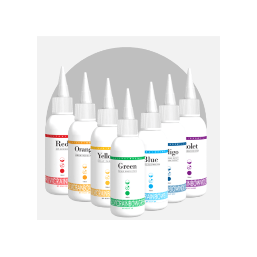 BallVic Rainbow Pack scalp treatment set with seven color-coded 100g bottles for professional use