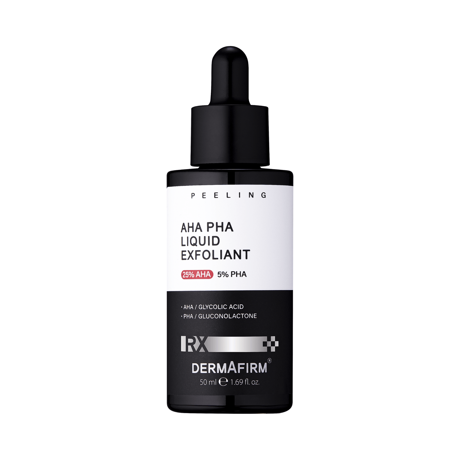 DERMAFIRM AHA PHA Liquid Exfoliant 50ml bottle with 25% AHA and 5% PHA for gentle chemical peeling and skin renewal